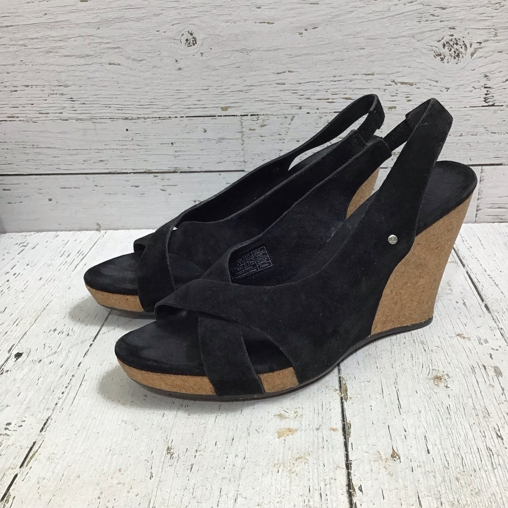 UGG Hazel Wedge Open Toe Sandals Black Suede Size 6​​​